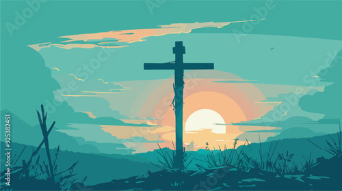 Wooden cross silhouette on hilltop at sunset landscape Christianity Jesus faith religious symbol hope easter good friday background illustration