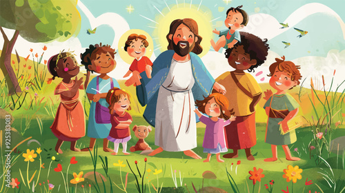 Jesus Christ children diverse group friendship love illustration happy faith Christianity religion religious Christian bible God spiritual hope heaven meadow togetherness cute kids children diversity
