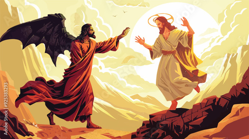 Jesus Christ rejecting temptation from devil Satan desert mountain good versus evil Christianity religious illustration