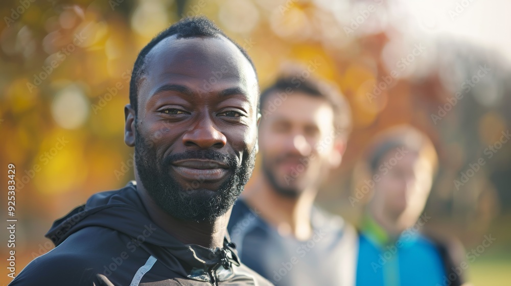 Portrait of a middle-aged man jogging in a lush park, embracing the tranquility of nature. Portrait of a middle-aged man jogging in a lush park, embracing the tranquility of nature.