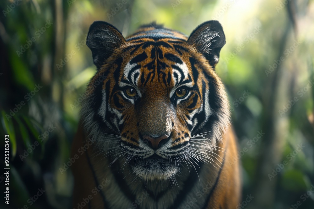 Fototapeta premium Close-up of a Bengal tiger's intense gaze in a dense jungle, showcasing its powerful presence and striking features.