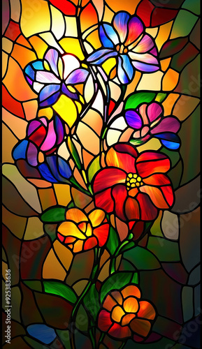 Stained Glass Flowers In Vibrant Colors, Stained-glass Style With A Sunset Background, High-resolution Clipart With Rich, Glowing Hues. 