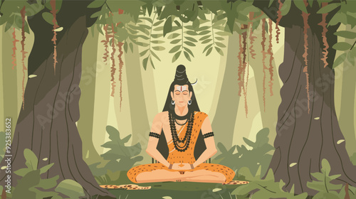 Lord Shiva Meditating In Peaceful Jungle Tranquil Meditation Yoga Spirituality Hinduism Deity Mahadev Indian Mythology Illustration