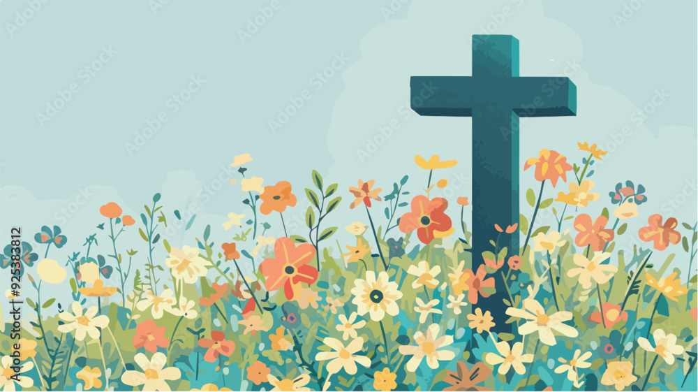 Christian Cross in Field of Flowers Religious Symbolism Illustration Background Christian Cross in Field of Flowers Religious Symbolism Illustration Background