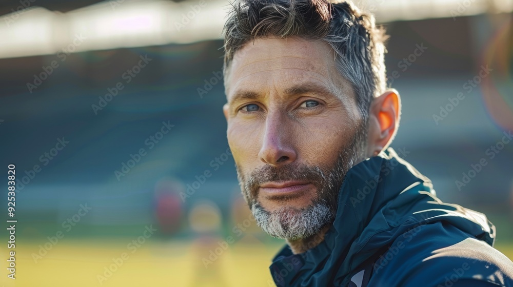 A middle-aged male coach poses confidently at the stadium, with athletic kids training on the field behind him. A middle-aged male coach poses confidently at the stadium, with athletic kids training on the field behind him.
