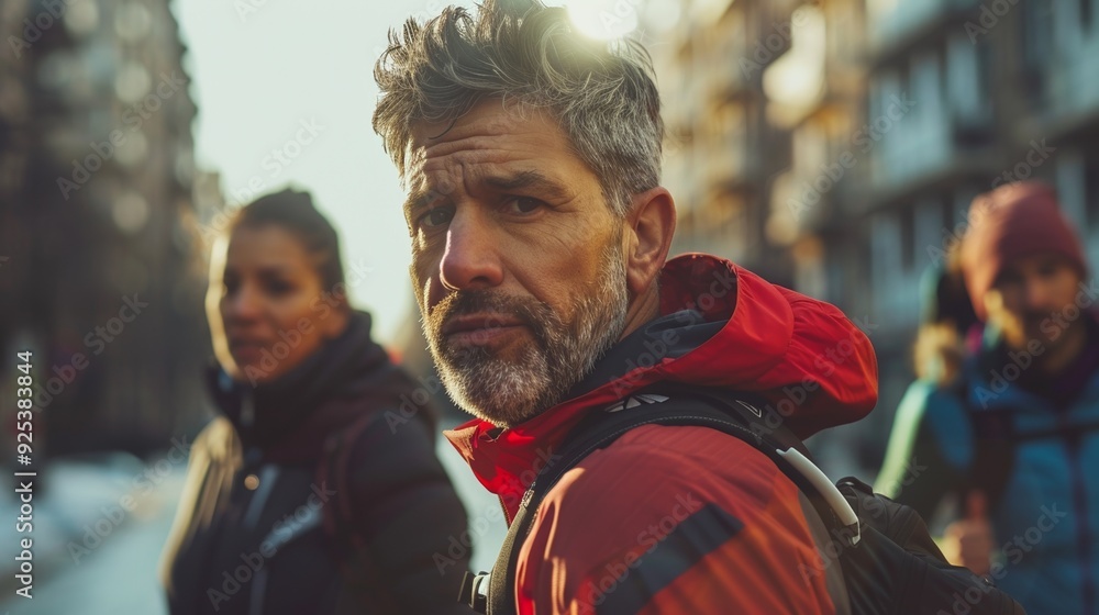 A determined middle-aged man runs in the city, with buildings and streets as the backdrop of his workout. A determined middle-aged man runs in the city, with buildings and streets as the backdrop of his workout.