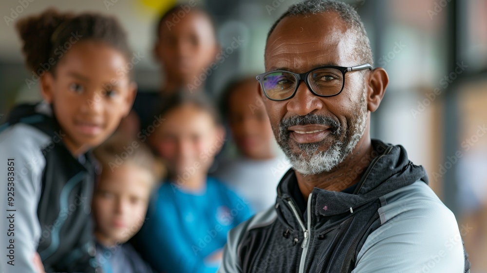 Portrait of a middle-aged male coach standing in a sports school gym, with active children engaged in training behind him. Portrait of a middle-aged male coach standing in a sports school gym, with active children engaged in training behind him.