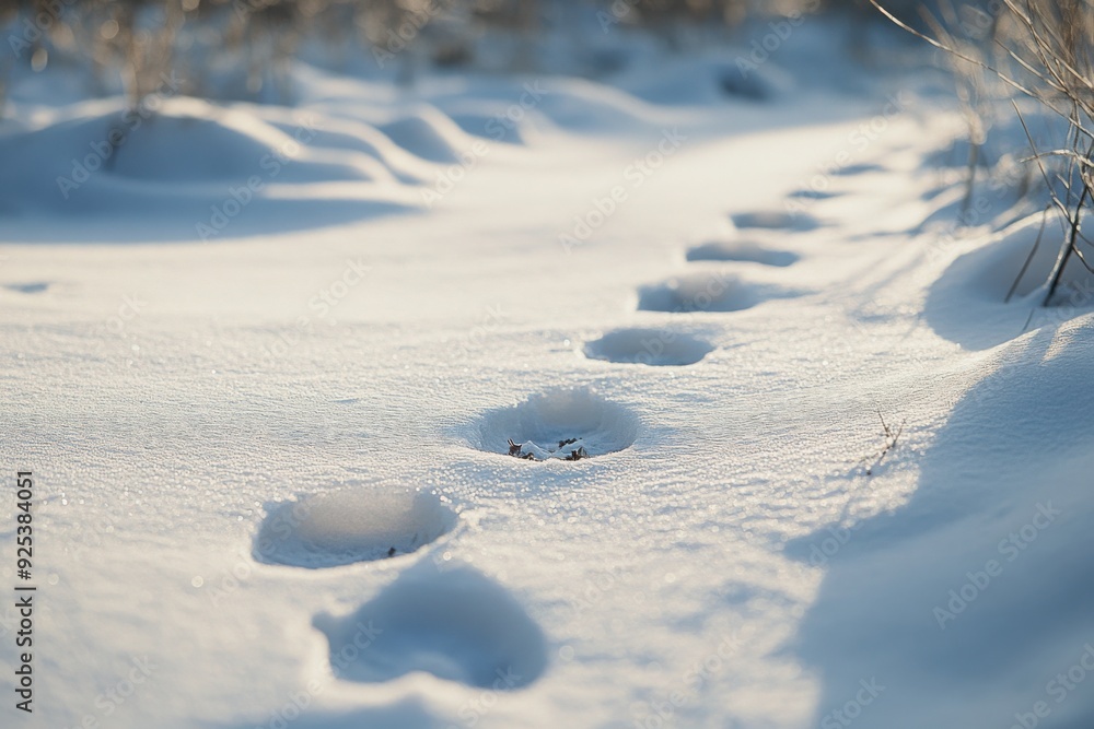 Naklejka premium Animal Tracks in Snowy Path at Sunrise 