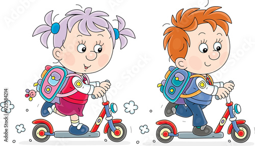 Funny little schoolchildren merrily riding their scooters to school, vector cartoon illustration isolated on a white background
