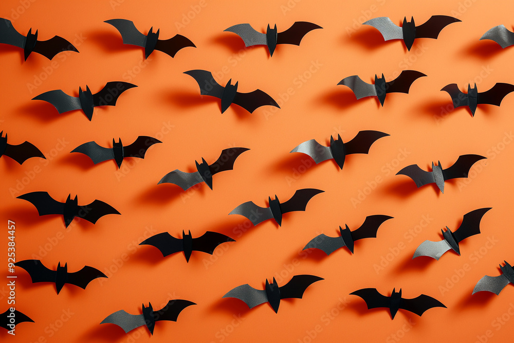 Fototapeta premium Black bats on orange background. Halloween background. Traditional October holiday. Autumn holiday pattern. Happy Halloween card