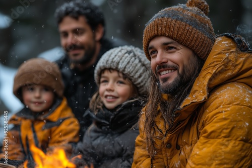 Family enjoying a cozy winter campfire in the snow with children smiling and fresh snowfall around them