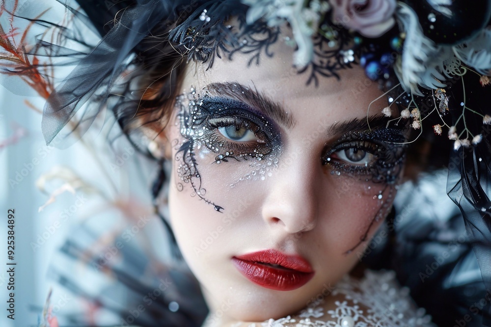 Portrait of a model with creative black makeup and accessories, showcasing bold, avant-garde artistry. The makeup features intricate designs, dramatic contrasts, and striking patterns, complemented by Portrait of a model with creative black makeup and accessories, showcasing bold, avant-garde artistry. The makeup features intricate designs, dramatic contrasts, and striking patterns, complemented by