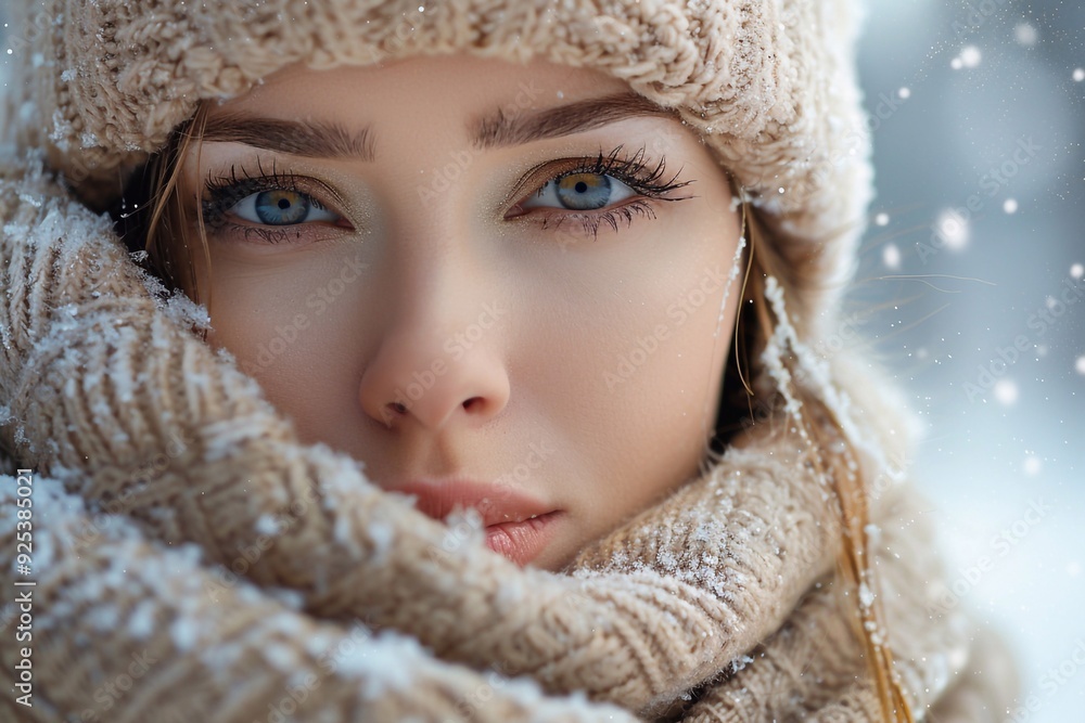 Close up portrait of a girl in a hat and jacket or winter outerwear outside in a snowfall with space for text Close up portrait of a girl in a hat and jacket or winter outerwear outside in a snowfall with space for text