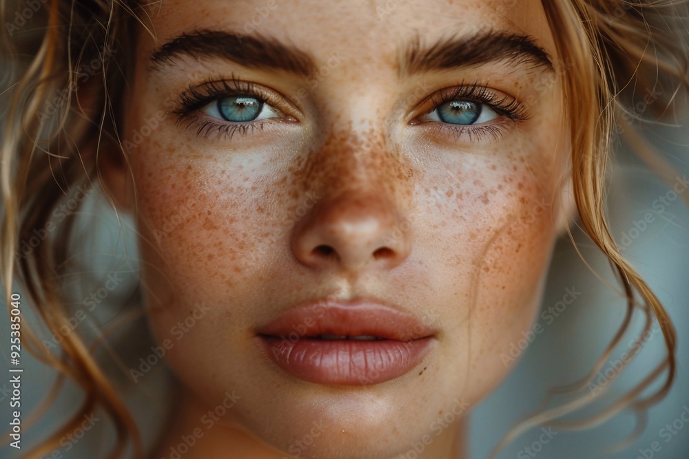 Portrait of a natural woman with clean skin and freckles, looking contentedly at the camera