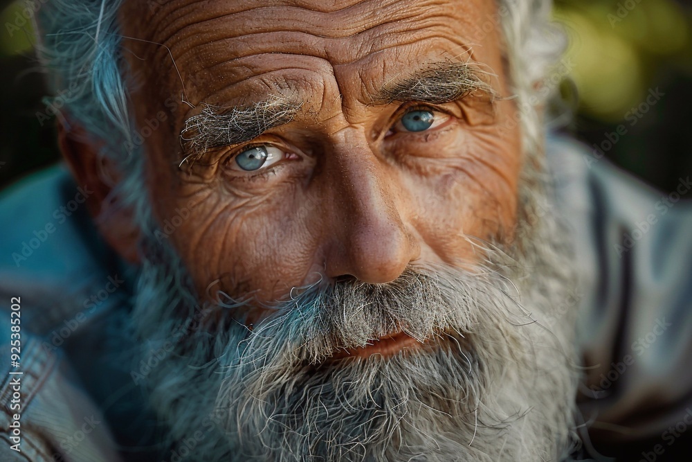 Portrait of an elderly man with a gray beard, set against a natural backdrop of lush greenery. His expression is one of quiet wisdom and experience, with the natural light highlighting the textures of Portrait of an elderly man with a gray beard, set against a natural backdrop of lush greenery. His expression is one of quiet wisdom and experience, with the natural light highlighting the textures of