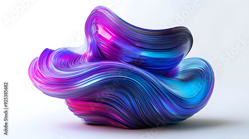 A vibrant, abstract sculpture with flowing lines and gradients of blue and pink hues.