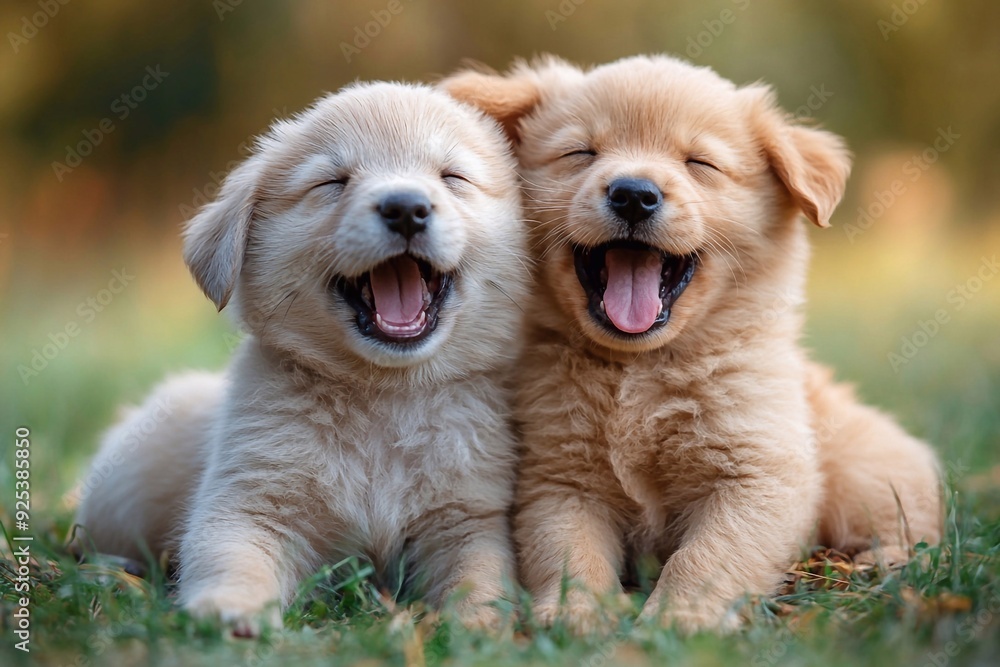 Portrait of a group of puppies smiling and yawning together in a cozy, sunlit room. Their fluffy coats and playful expressions capture a heartwarming scene of shared joy and relaxation. The soft light