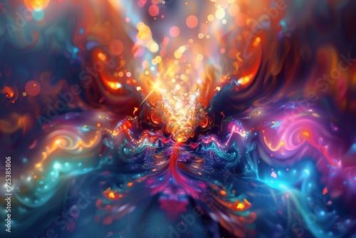 Visualize an abstract psychedelic scene with flashes of vibrant, swirling colors and dynamic patterns. The composition features intense bursts of neon and luminous hues that blend and shift in a mesme photo