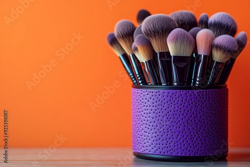 Purple organizer full of makeup brush sponge against orange background with space for text