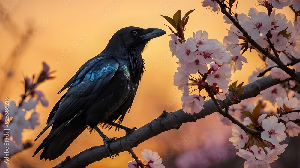 A majestic crow with iridescent feathers, perched on a blooming cherry blossom tree, against a backdrop of a golden sunset. A majestic crow with iridescent feathers, perched on a blooming cherry blossom tree, against a backdrop of a golden sunset.