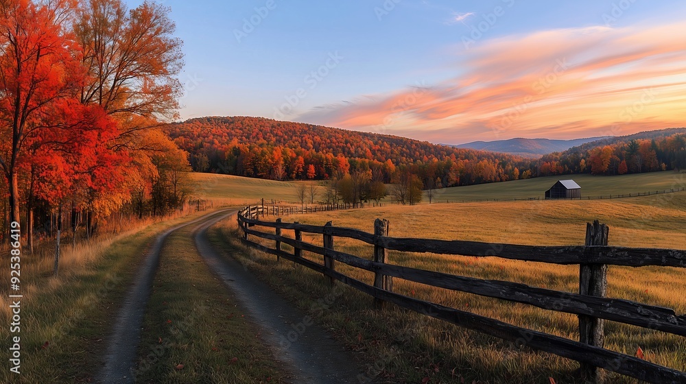 A stunning fall view with vibrant hills, a rustic fence, and a glowing sunset creates autumn's beauty. A stunning fall view with vibrant hills, a rustic fence, and a glowing sunset creates autumn's beauty.