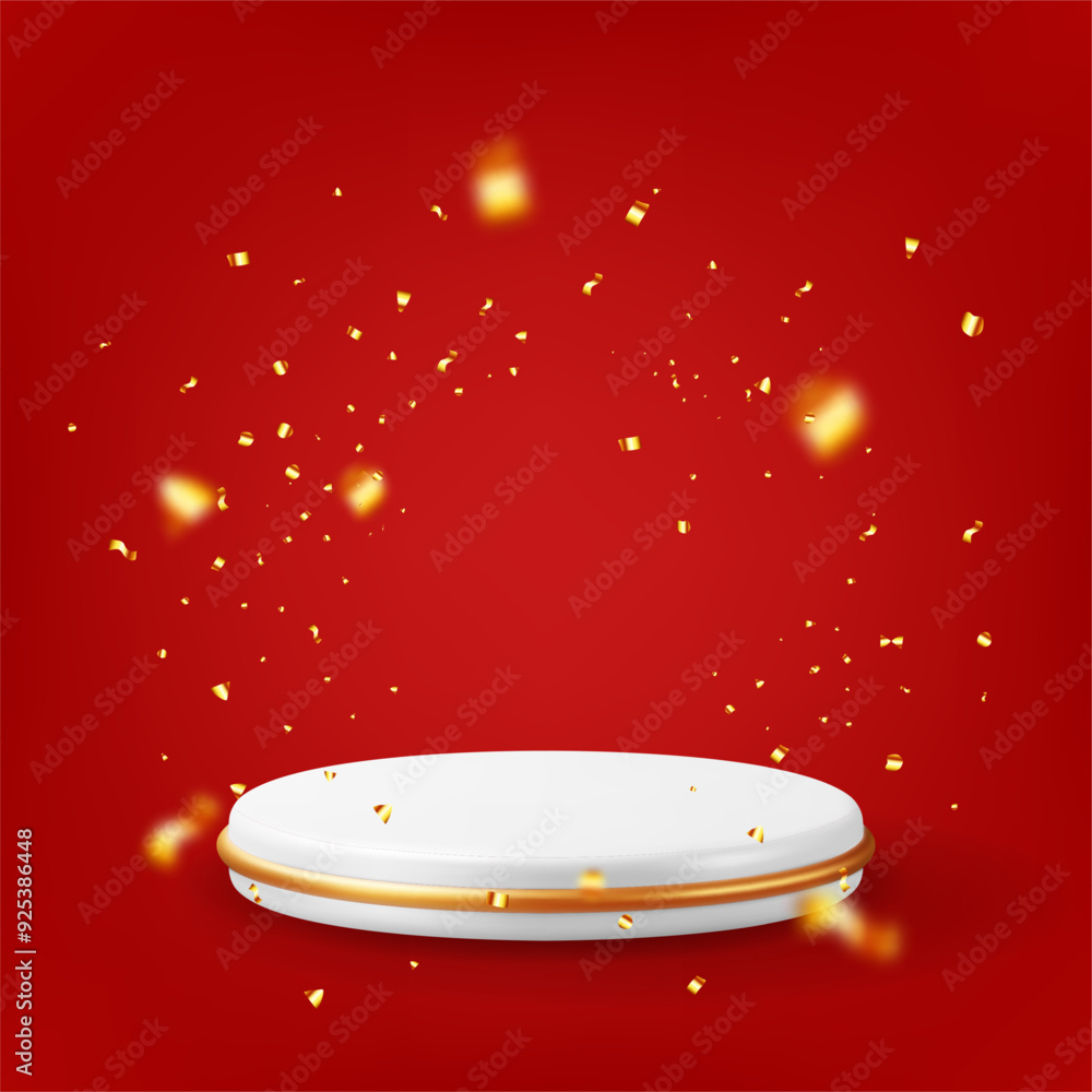 3D white podium with gold confetti isolated. Render stage mockup. Round winners platform. Valentine day, birthday card, product display presentation advertisement. Realistic vector illustration 3D white podium with gold confetti isolated. Render stage mockup. Round winners platform. Valentine day, birthday card, product display presentation advertisement. Realistic vector illustration