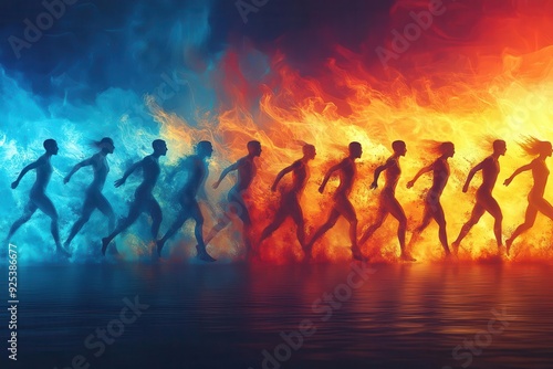 dynamic olympic banner stylized flame morphs into silhouettes of athletes vibrant color spectrum flows through abstract background