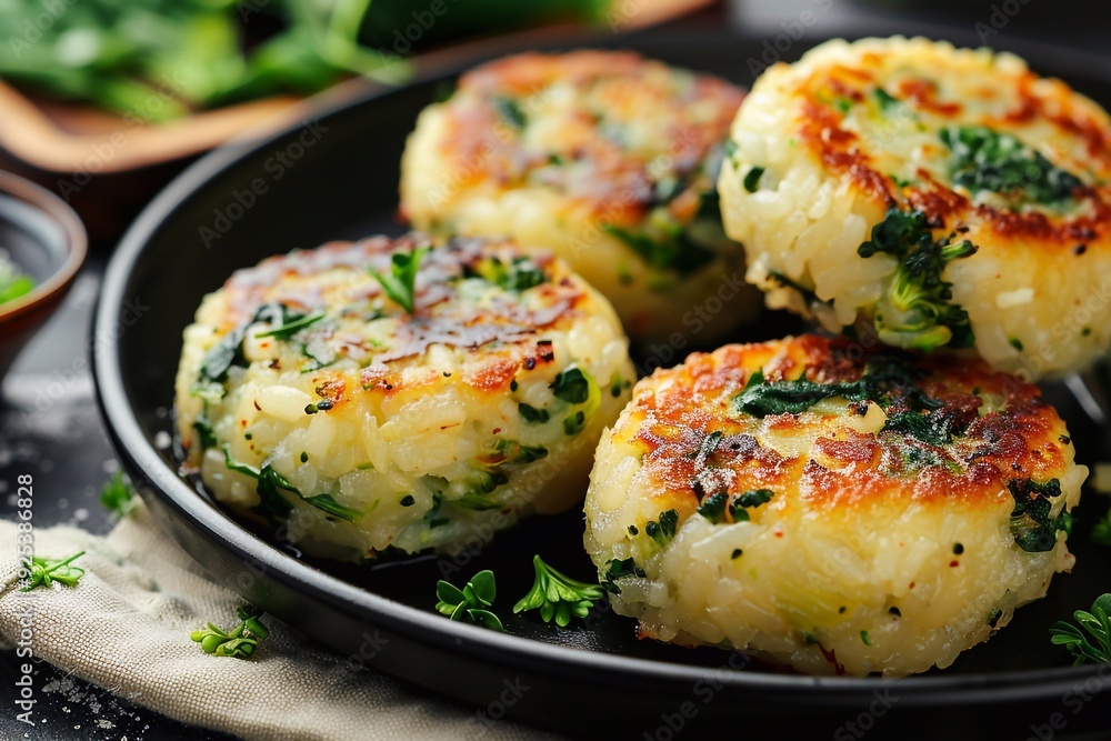 Rice Patties with Broccoli and Spinach Garnished with Fresh Herbs, a Delicious and Nutritious Meal, Perfect for a Balanced Diet. Rice Patties with Broccoli and Spinach Garnished with Fresh Herbs, a Delicious and Nutritious Meal, Perfect for a Balanced Diet.