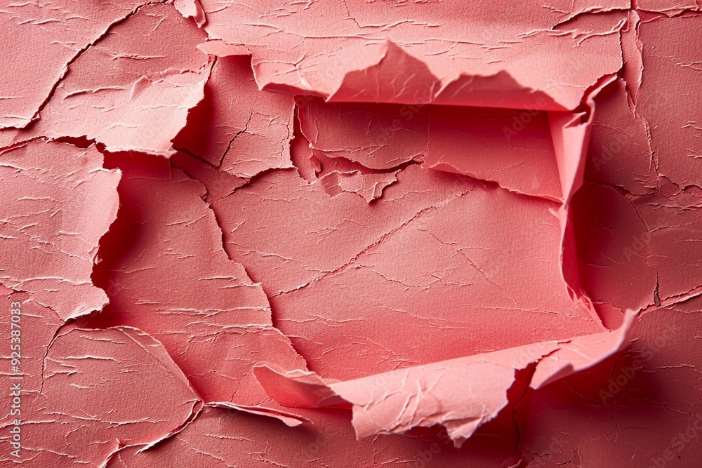 Naklejka premium Torn pink paper with jagged edges, revealing a clean, empty space in the center. The bright pink hue contrasts sharply with the exposed background, creating a bold and eye-catching effect. The uneven 