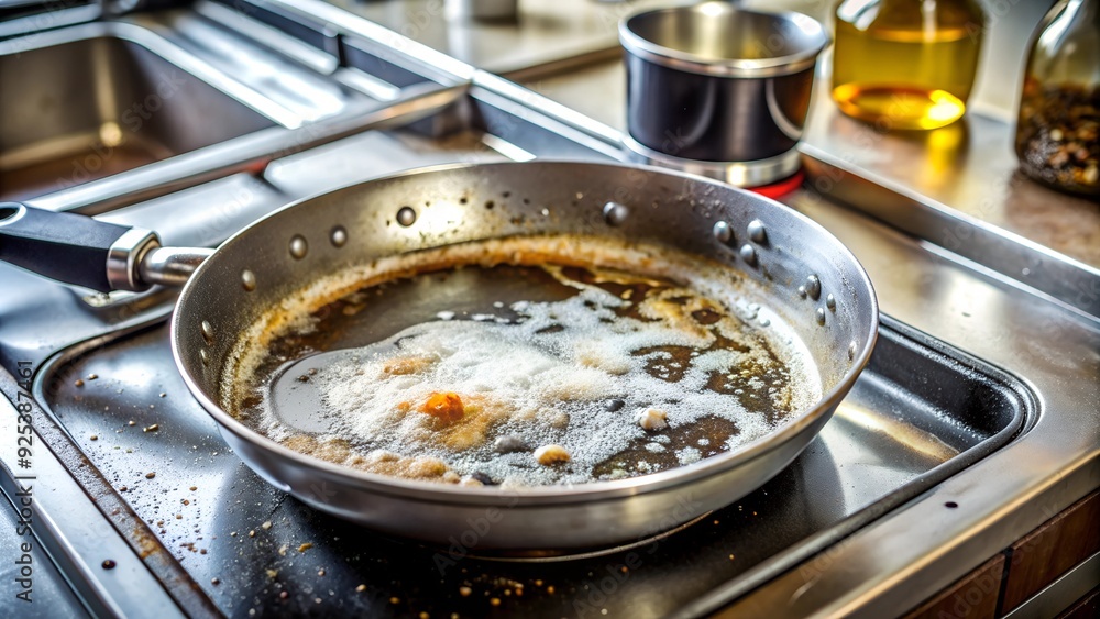 dirty pan in kitchen, needing a wash with soapy water dirty pan in kitchen, needing a wash with soapy water