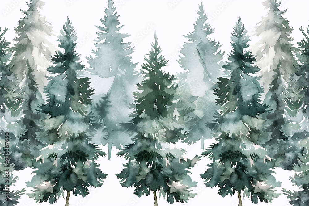 Obraz premium A continuous, hand-painted watercolor pattern featuring pine trees and Christmas trees adorned with snow, capturing the serene beauty of a winter forest. The design evokes a cozy, festive atmosphere,