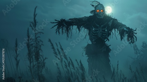 Spooky Halloween Scarecrow with Glowing Red Eyes in Foggy Graveyard under Full Moon - Perfect for Posters photo