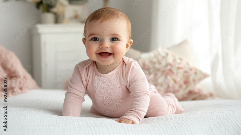 A baby in pink laying on a bed smiling, AI A baby in pink laying on a bed smiling, AI