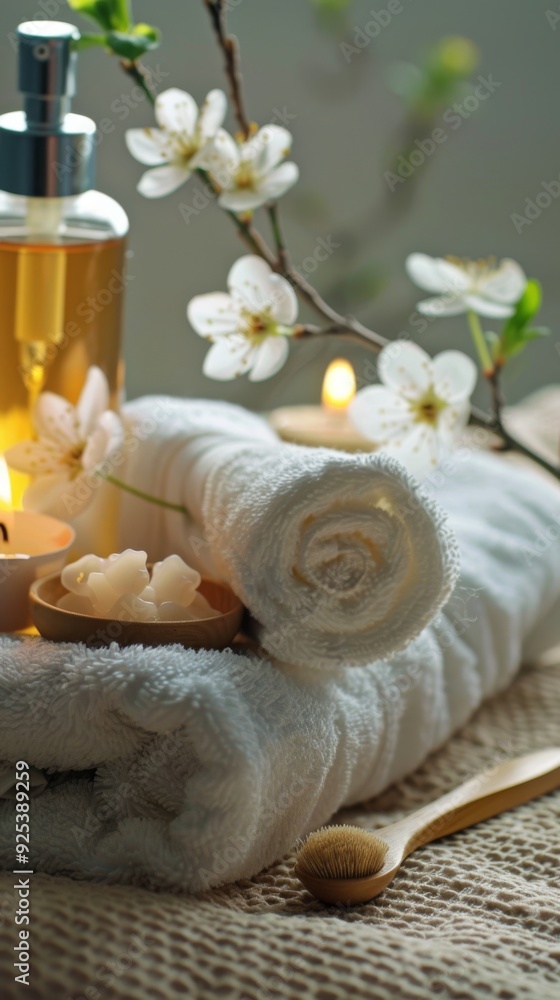 Luxurious spa scene with rolled towels, aromatic oil, blooming flowers, and warm candlelight for ultimate relaxation Luxurious spa scene with rolled towels, aromatic oil, blooming flowers, and warm candlelight for ultimate relaxation