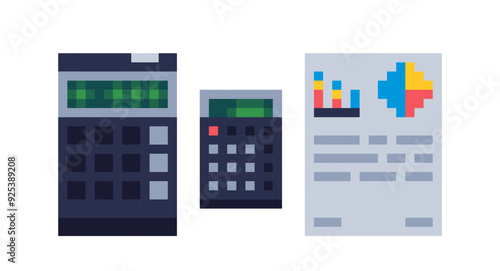Pixel art calculator and financial report icons for digital interface: accounting and data analysis elements.