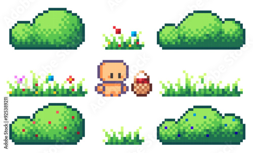 Set of pixel art bushes, grass and character for game assets. Props and sprites of natural environment with flowers and bushes for filling 2d 8bit locations