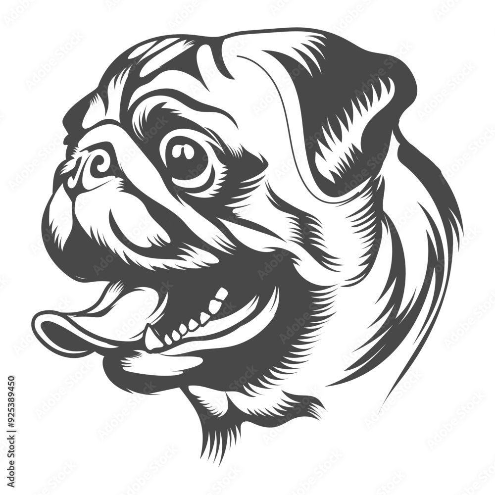 Pug dog head side view open mouth. Pug dog head side view open mouth.