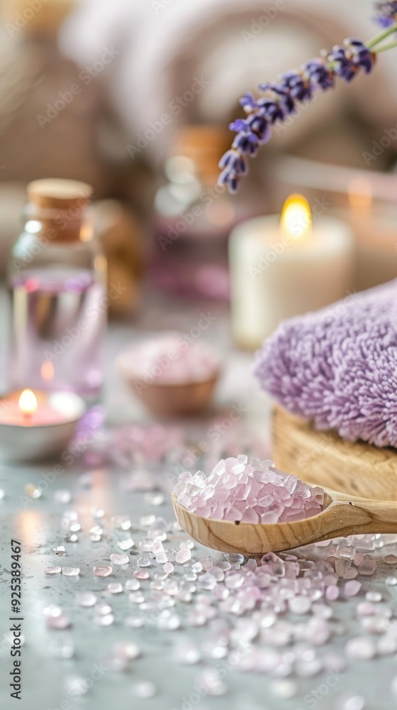 Aromatherapy scene with lavender bath salts, essential oils, and soft towels in a peaceful spa setting for self-care and relaxation Aromatherapy scene with lavender bath salts, essential oils, and soft towels in a peaceful spa setting for self-care and relaxation