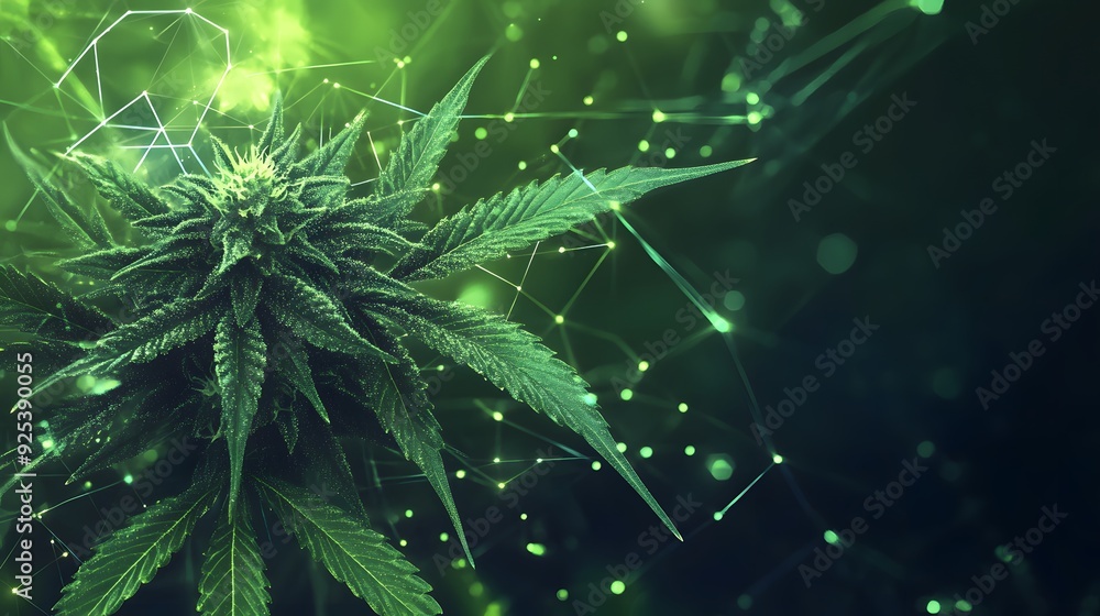 Marijuana leaves on a technology background, close up top view on cannabis leaves and branches on technology background for alternative medical and marketing design concept Marijuana leaves on a technology background, close up top view on cannabis leaves and branches on technology background for alternative medical and marketing design concept
