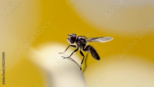 A close-up shot of a fly against a blurred, golden yellow background photo