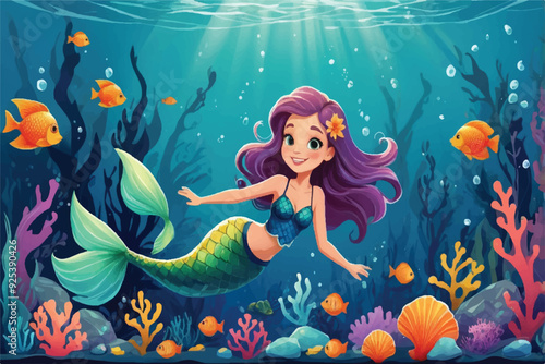 Cute beautiful mermaid with yellow long hair and purple fish tail. Cute fish swimming. Beautiful underwater scenery and seaweed. Cute cartoon