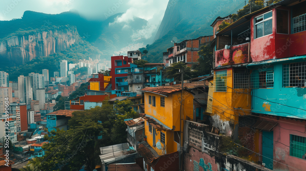 Obraz premium A panorama of residential buildings with colorful facades on the hillsides in Rio de Janeiro. In the background, modern high-rise buildings and mountains covered in clouds are visible