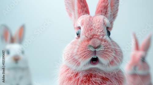 Joyful pink Easter bunny with a surprised expression, exuding playful energy and delight, set against a clean white background, perfect for festive celebrations.