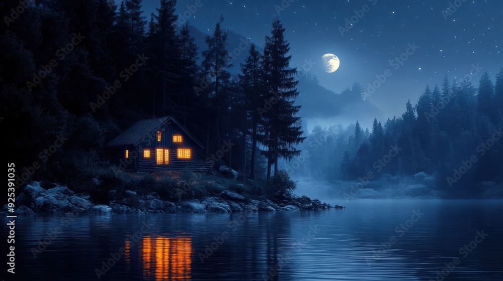 A cabin on a lake at night with the moon shining, AI A cabin on a lake at night with the moon shining, AI