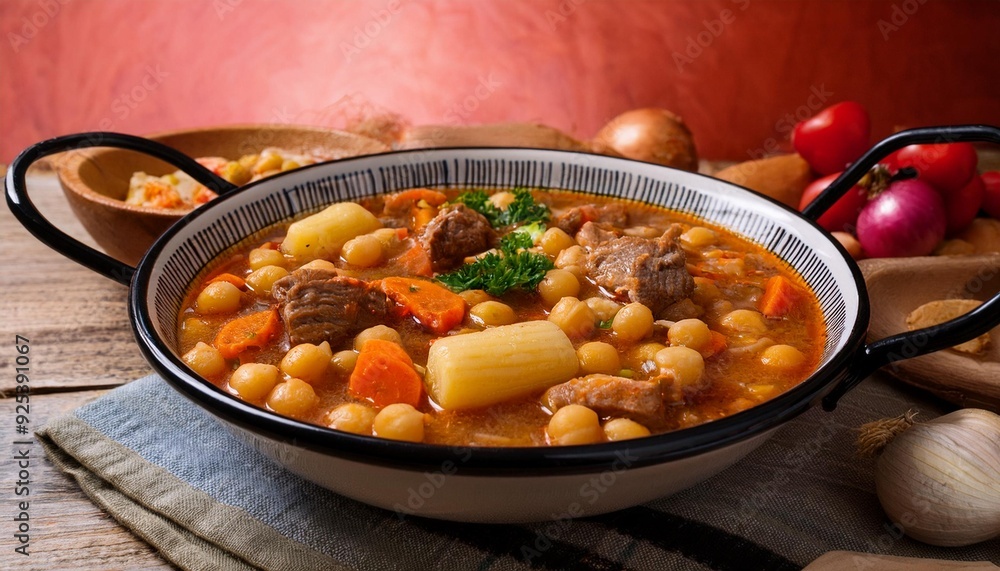 A large bowl of Cocido Madrileño, a hearty stew made from various meats A large bowl of Cocido Madrileño, a hearty stew made from various meats