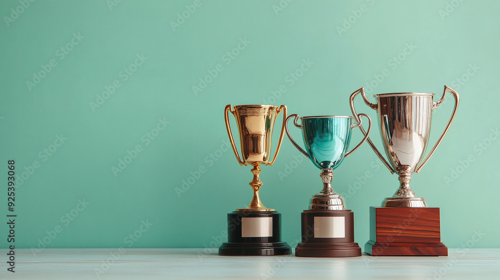 Green background featuring gold, silver, and bronze trophies, symbolizing sporting achievements and awards. Green background featuring gold, silver, and bronze trophies, symbolizing sporting achievements and awards.
