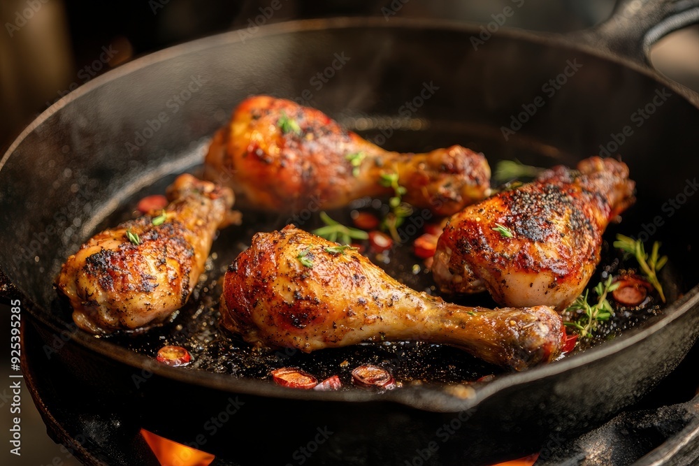 Sizzling Chicken Legs on Cast Iron Pan , ai Sizzling Chicken Legs on Cast Iron Pan , ai