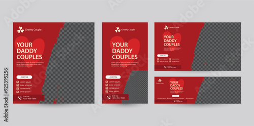 Bundle set of social media template designs with various ratio orientations from portrait to landscape package. Red banner design with scratch paper style and heart shape.