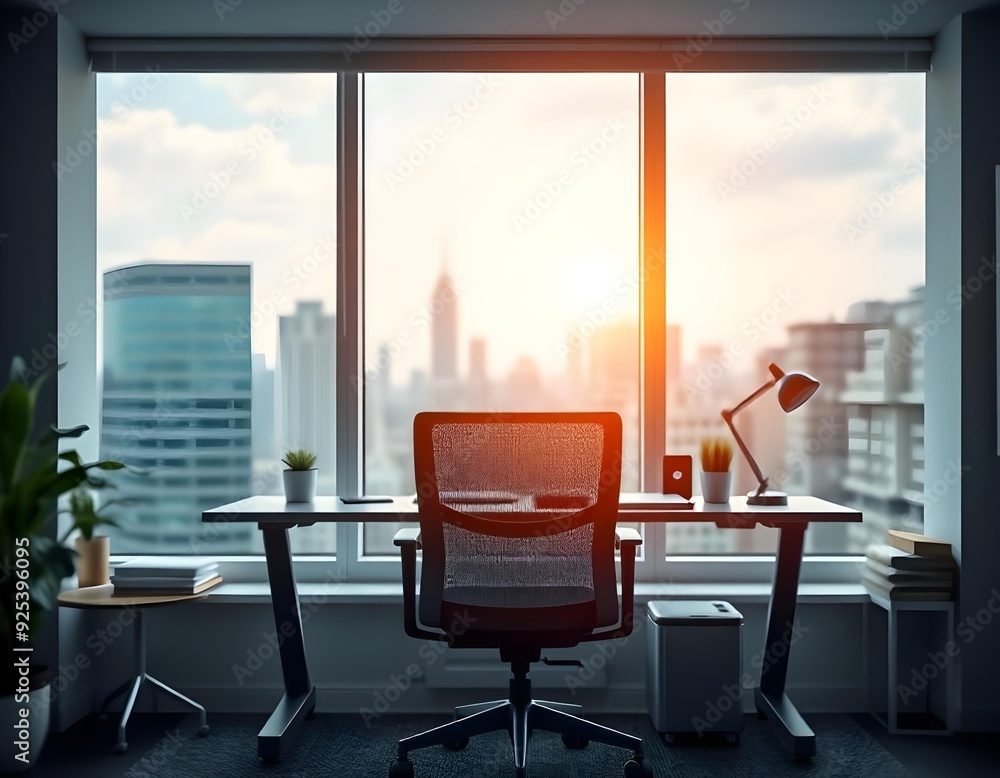 digital office room background showcasing a modern ergonomic chair, stylish desk accessories, and a panoramic window view with city skyline create with ai digital office room background showcasing a modern ergonomic chair, stylish desk accessories, and a panoramic window view with city skyline create with ai