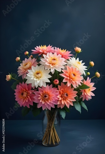 Wallpaper Mural Colorful dahlia flowers blooming against a dark blue background Torontodigital.ca